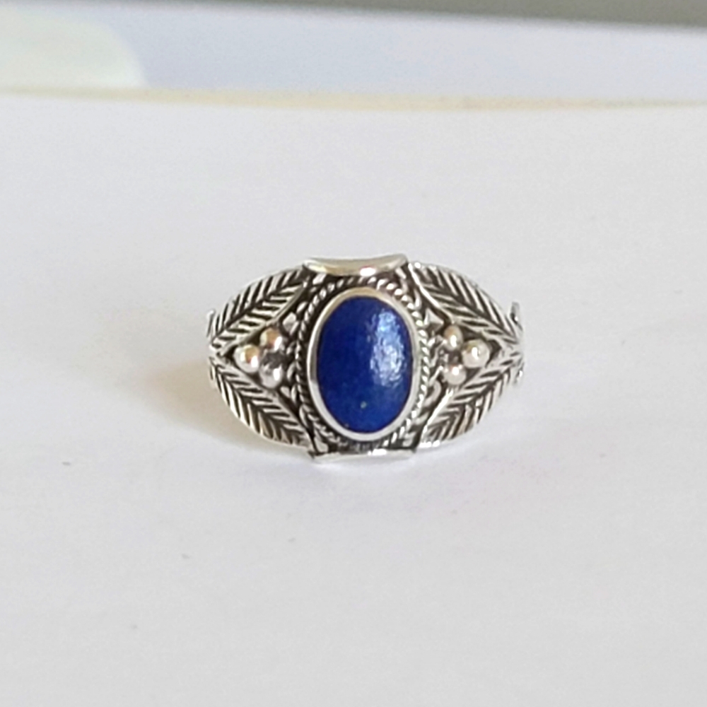 Vintage Boho Native Blue Oval Lapis Lazuli Inlay Sterling Silver Leaf Ring 5